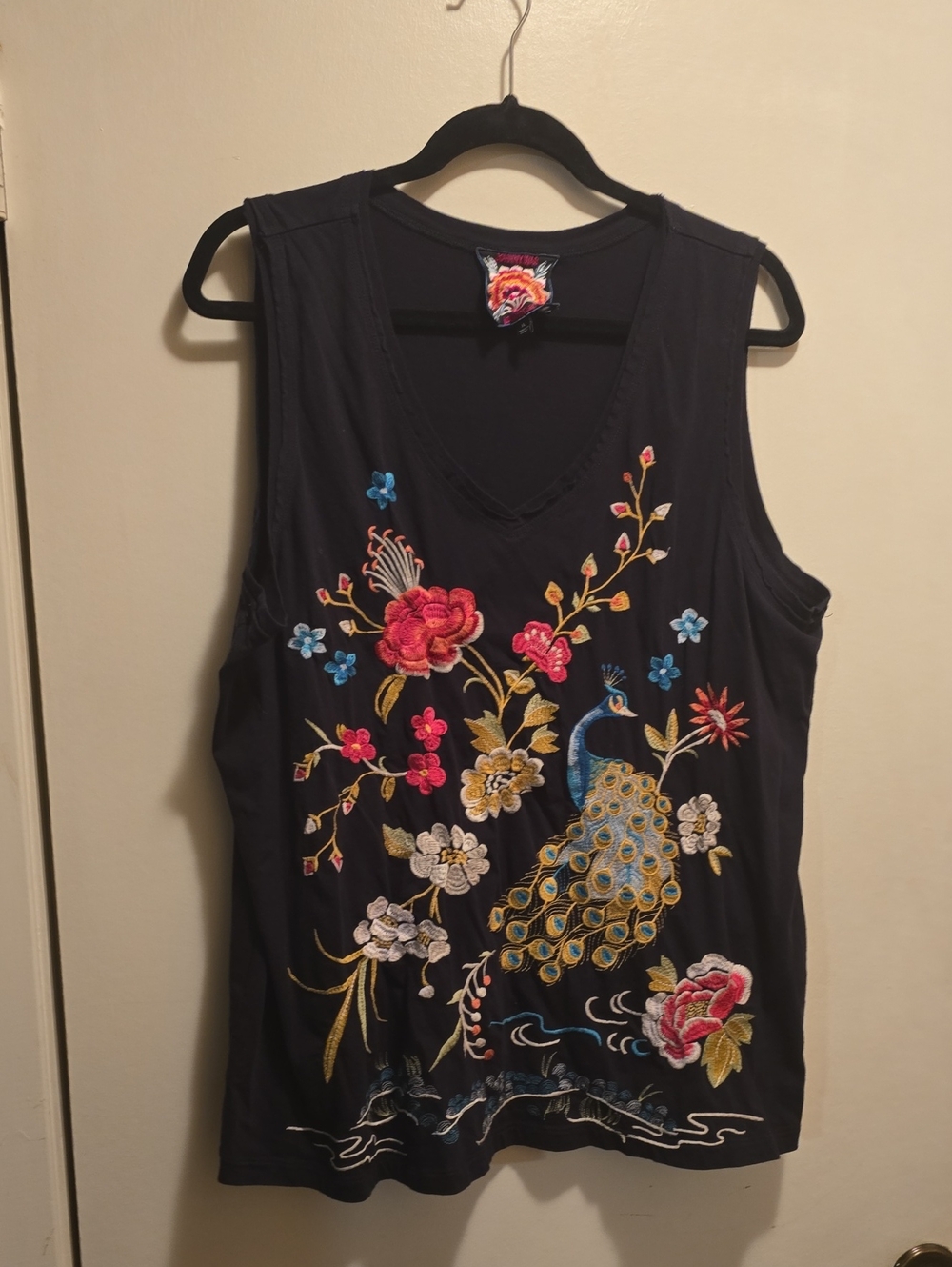 Johnny Was Black Embroidered Peacock Tank Top